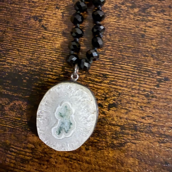 Black Spinel Beaded Necklace with Geode Pendant. - Picture 2 of 2